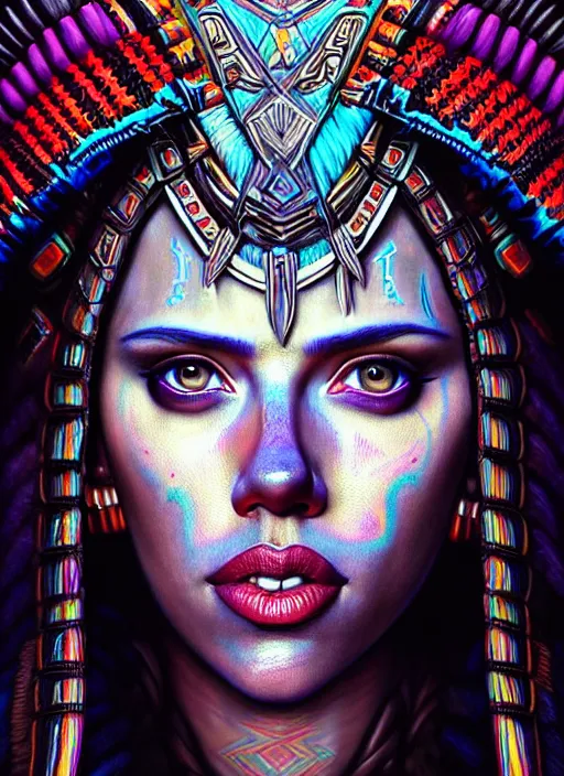 Image similar to portrait of scarlett johansson, hyper detailed ultra sharp aztec shaman warrior. trending on artstation, warpaint aesthetic, bloodwave, colorful, psychedelic, ornate, intricate, digital painting, concept art, smooth, sharp focus, illustration, art by artgerm and greg rutkowski and h. r. giger, 8 k