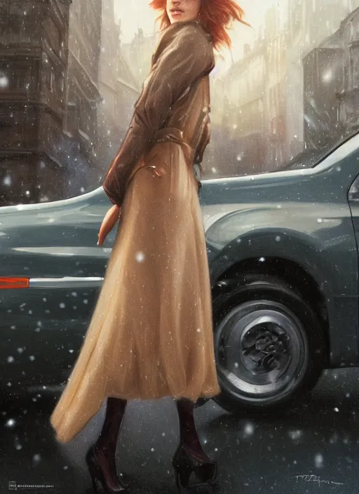 Image similar to ultra realistic illustration, emma stone getting out of a taxi in winter, intricate, elegant, highly detailed, digital painting, artstation, concept art, smooth, sharp focus, illustration, art by artgerm and greg rutkowski and alphonse mucha