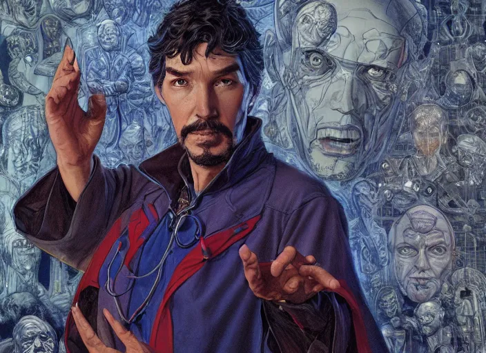 Prompt: a highly detailed medical portrait of stephen strange, james gurney, james jean