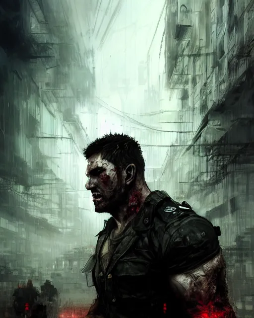 Prompt: battle hardened, charismatic, rugged chris redfield, face centered portrait, confident, ruined cityscape, zombies, fog, rain, volumetric lighting, soft light particles floating near her, illustration, perfectly shaded, soft painting, art by krenz cushart and wenjun lin