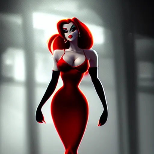 Image similar to femme fatal noir jessica rabbit red dress, character portrait, sharp, digital matte painting, art by luis royo, greg rutkowski, wlop, dramatic lighting, trending on artstation