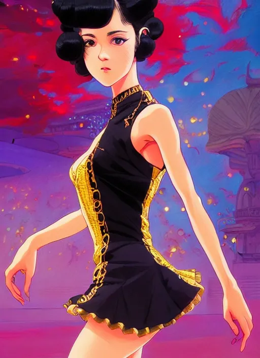 Image similar to a beautiful dancer with black hair in 1970's fashion, ballroom background, intricate, highly detailed, digital painting, artstation, official media, anime key visual, concept art, rich vivid colors, ambient lighting, sharp focus, illustration, art by Artgerm, Makoto Shinkai, Ilya Kuvshinov, Lois Van Baarle, and Rossdraws