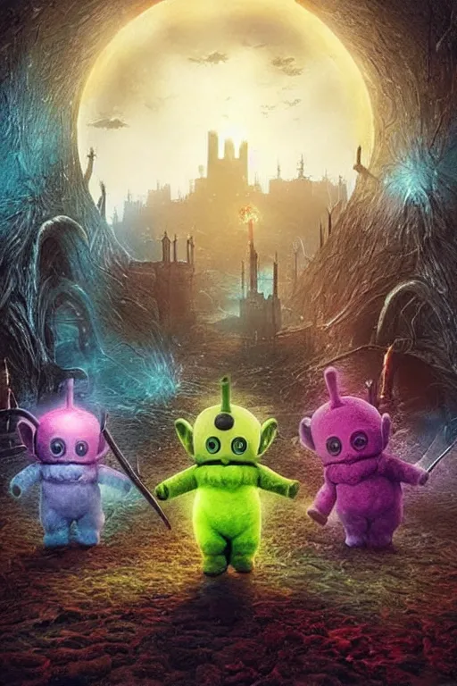 Image similar to “ teletubbies on the cover of bloodborne ”