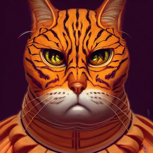 Image similar to symmetry!! intense portrait of garfield, intricate, elegant, highly detailed, my rendition, digital painting, artstation, concept art, smooth, sharp focus, illustration, art by artgerm and greg rutkowski and alphonse mucha