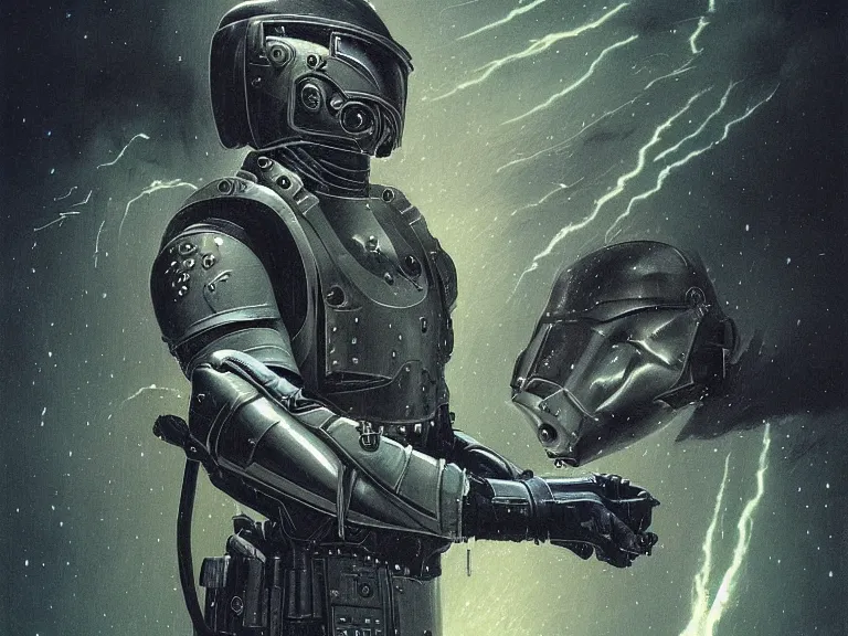 Prompt: a detailed profile painting of a bounty hunter in armour and visor, cinematic sci-fi poster. Cloth and metal. Flight suit, welding. Fire. anatomy portrait symmetrical and science fiction theme with lightning, aurora lighting clouds and stars. Clean and minimal design by beksinski carl spitzweg giger and tuomas korpi. baroque elements. baroque element. intricate artwork by caravaggio. Oil painting. Trending on artstation. 8k