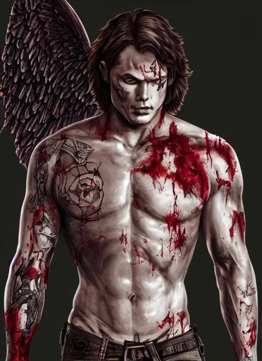 Image similar to Sam Winchester as a muscular angel with religious tattoos on chest and neck, stained and bleeding, magic overlays, urban fantasy book cover style, D&D dark fantasy style, sharp focus, ultra detailed, art by Artgerm and Peter Andrew Jones, Ayami Kojima, Amano and Olivier Ledroit