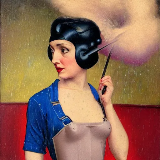 Image similar to oil painting of realistic woman, 1 9 3 0 s decopunk penthouse pleasure factory, rain and smoke, dramatic lighting, tech noir, wet skin, atmospheric, ambient, rupert everton, wlop, george tooker, gil elvgren, grant wood, alexis flower, hopper, mucha, whistler, norman rockwell, peter max, livia prima,