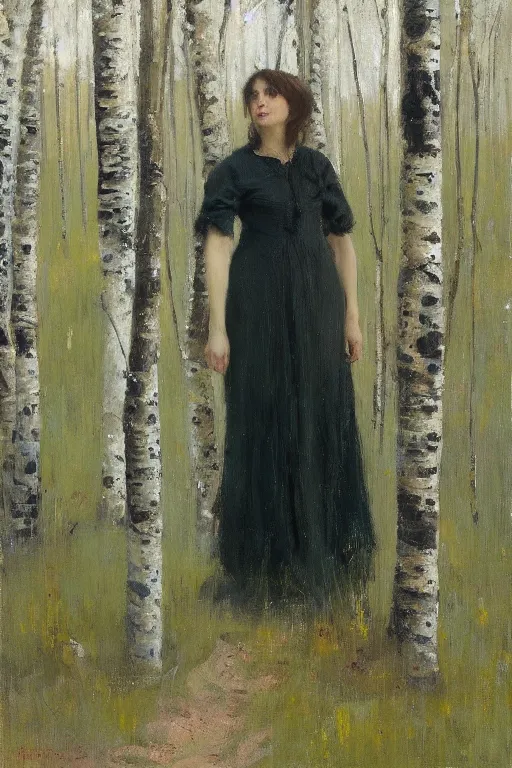 Image similar to “ italian woman, summer dress, standing between birch trees in a dense forest, jeremy lipking, joseph todorovitch ”