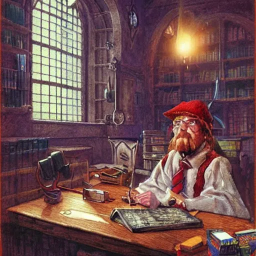 Image similar to Rincewind sits bored at his teacher's desk at the Hogwarts School of Witchcraft and Wizardry, detailed, hyperrealistic, colorful, cinematic lighting, character concept art by Paul Kidby and Jim Kay