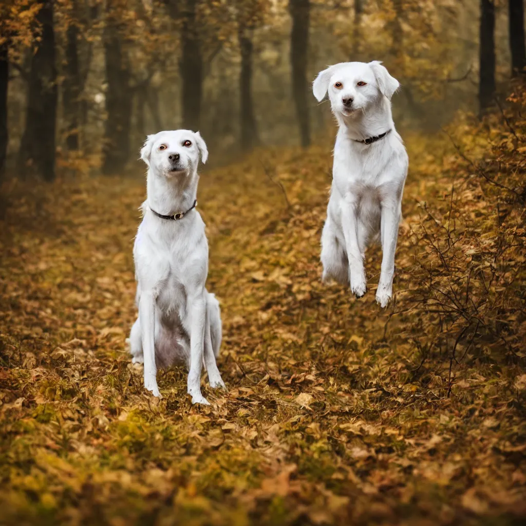 Image similar to one white laika dog, autumn, foggy old forest, very detailed, 4 k, professional photography