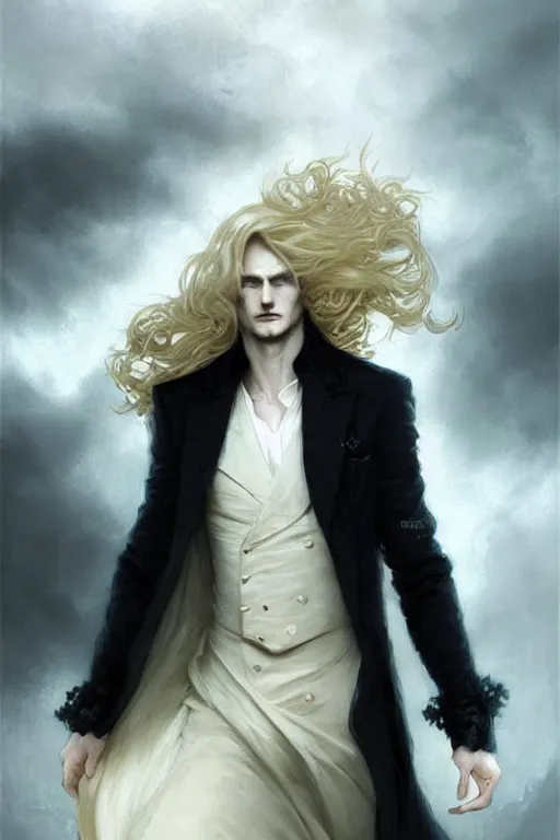 Image similar to johan liebert mixed with alucard picture by Greg Rutkowski, long fluffy blond curly hair, baroque curls, dynamic pose, thicc, matte painting, intricate, z brush, fantasy concept art, elegant, in a white dress shirt and black miniskirt, by Stanley Artgerm Lau, WLOP, golden ratio, thomas kindkade, alphonse mucha, loish, Peter chung, norman Rockwell,