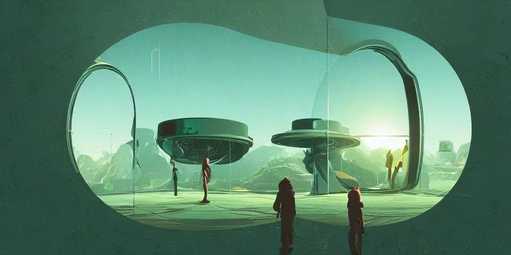 Prompt: mirror portal utopian, clean, modern, emerald, futuristic, by simon stalenhag, james gurney, kim jung gi. photoshop cutout vector filter