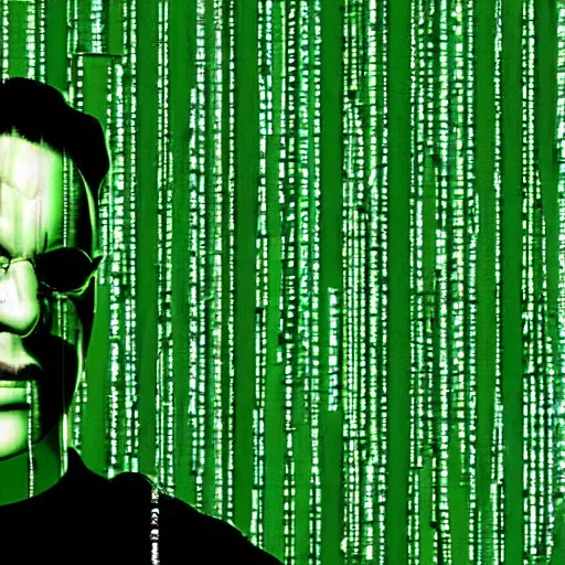 Image similar to walls of green text, lines of green code, ps1 hagrid as neo from The Matrix (1999), background is green lines of text, CGSociety