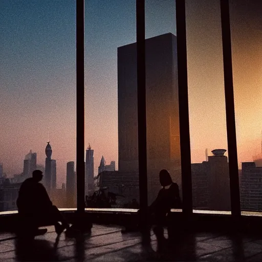 Image similar to a small rooftop with a couple of people sitting and watching the view, wearing black modern clothes, designed by rick owens, messy short hair, modern shanghai bund in smog is on the background, sunset, pale colors, by gregory crewdson