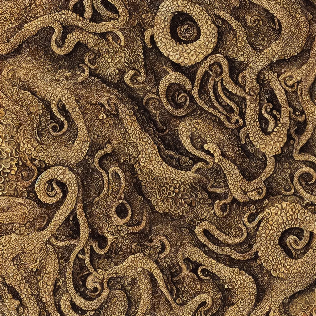 Prompt: complexoctopus skin by ernst haeckel, closeup, fractal engravings, sea horse, realistic cinema 4 d render, beach sand background, clear focus, very coherent, very detailed