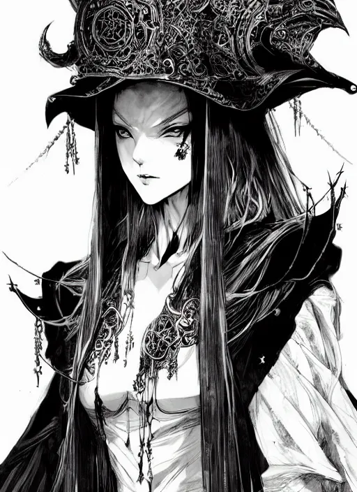 Image similar to beautiful human witch with blonde long straight hair in intricate ornate witch robe, haughty evil look, witch hat. in style of yoji shinkawa and hyung - tae kim, trending on artstation, dark fantasy, great composition, concept art, highly detailed, dynamic pose.