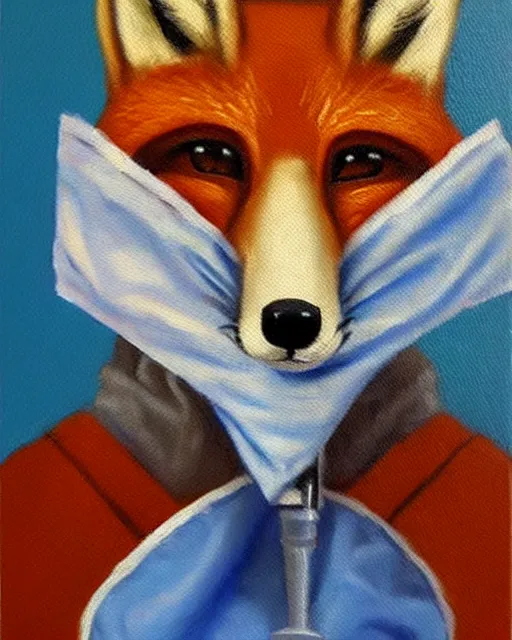 Prompt: oil painting portrait of anthropomorphic female fox animal dressed in labcoat, surgical mask covering mouth, with syringe, fox animal, hospital in background, oil painting,