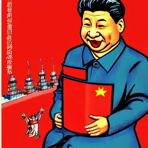 Image similar to xi jinping as communist clown, soviet propaganda style, vivid colors, detailed lines, dominating red color, detailed portrait, poster style