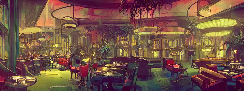 Image similar to concept art, crowded retro - futurist speakeasy, reflections, dark moody lighting, designer furniture, high ceiling, 6 0 s colour palette, beautiful plants, colourful flowers, floor lamps, multi - level, bladerunner, james jean, syd mead, akihiko yoshida, cinematic