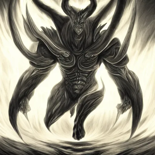 Image similar to full body grayscale drawing by Anato Finnstark of wingless balrog in heroic pose, swirling flames