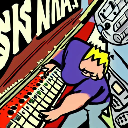 Image similar to 90s retro illustration of a ninja smashing up a mixing console in a studio