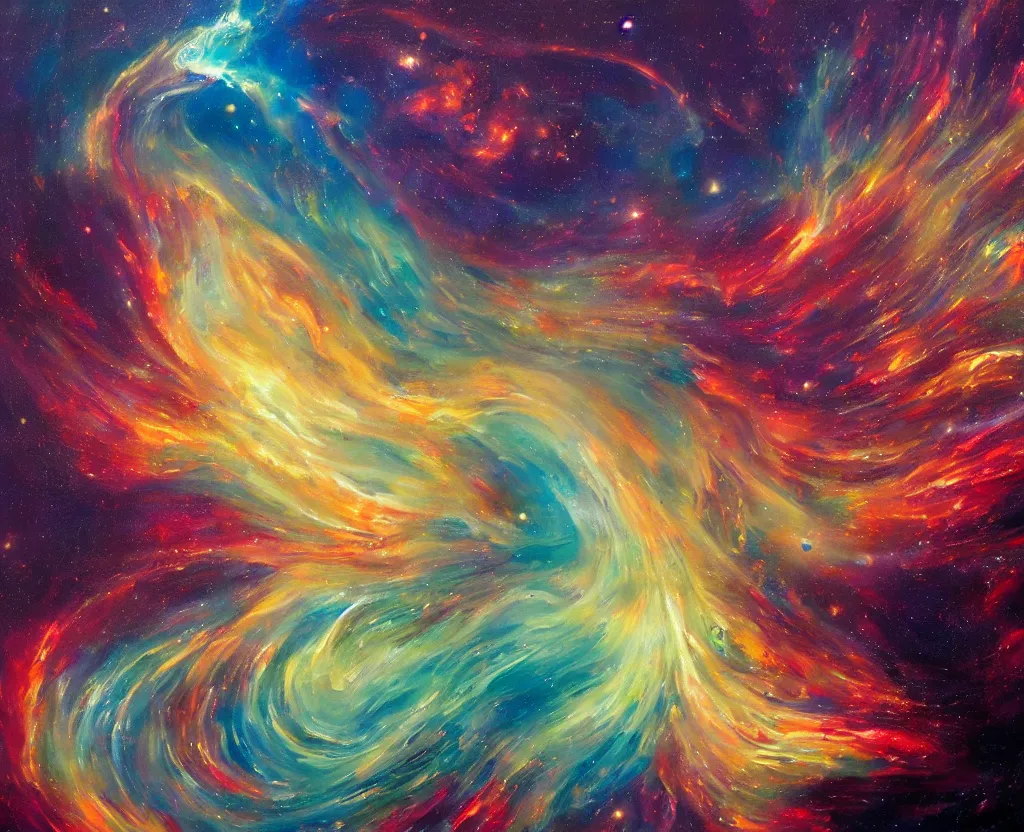 Prompt: an abstract oil painting of an unbelievably beautiful space nebula ; swirling sheets of light and fire ; hyper - detailed ; an extraordinary masterpiece!!! ; flawless ; trending on artstation