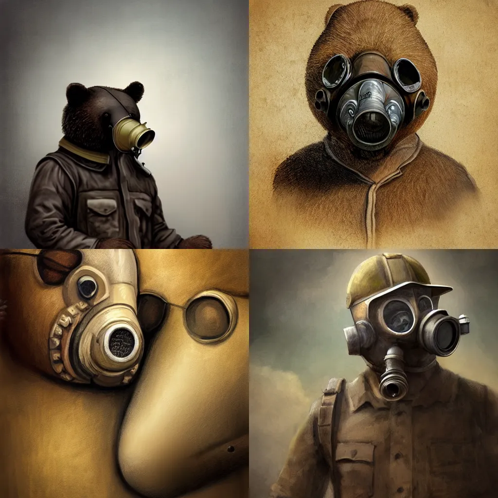 Prompt: illustration of a bear wearing a gas mask, realistic painting, classical painting, high definition, digital art, matte painting, very detailed, realistic
