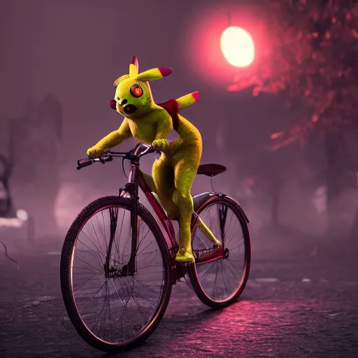 Image similar to zombie pikachu riding a bicycle, cinematic, cinematic lighting, trending on Artstation, Cgsociety, detailed, 4k, very realistic