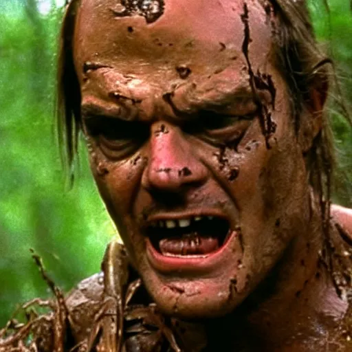 Prompt: cinematic still of jack nicholson, covered in mud and watching a predator in a swamp in 1 9 8 7 movie predator, hd, 4 k