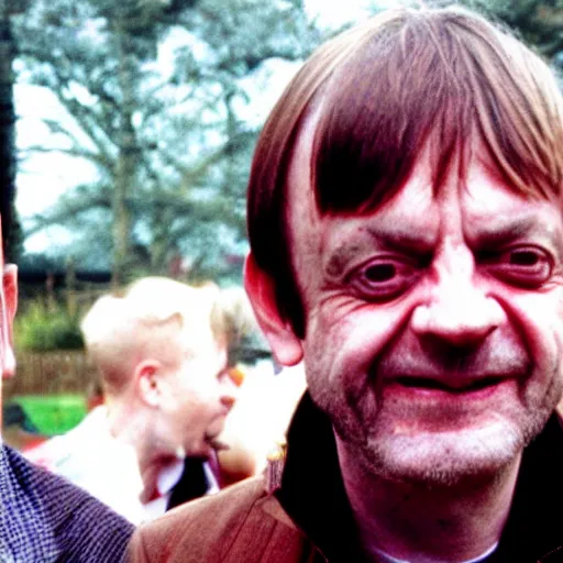 Prompt: mark e smith posing with a cheerful smile, happiest days of his life, zombie in the background, n - 6