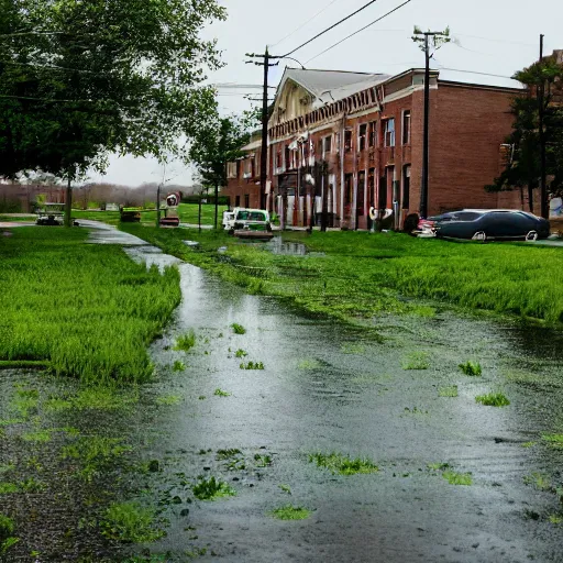 Prompt: a photo of green rainfall in a small town in Ohio