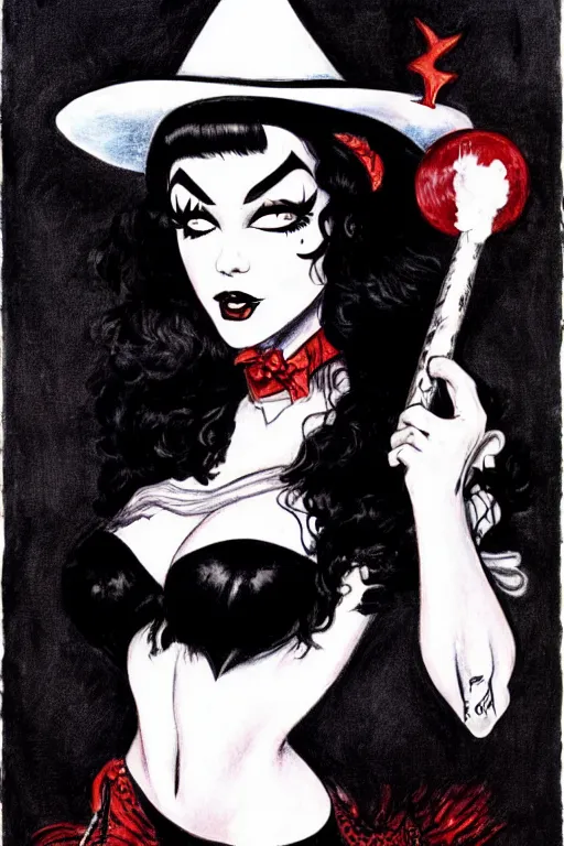 Image similar to of a witch girl burlesque psychobilly punk, detailed face, black hair, white background, drawing, illustration by frank frazetta