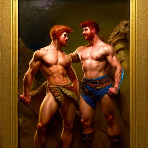 Prompt: muscular male mike and muscular male tyler, one is ginger and the other brunet, drinking their hearts out, in their noble mansion, at night. highly detailed painting by gaston bussiere, craig mullins, j. c. leyendecker 8 k