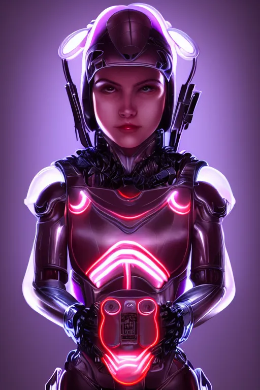 Image similar to portrait of a girl with a biomechanic armor and neon light by Jim Burns, dramatic lighting, highly detailed, trending on artstation