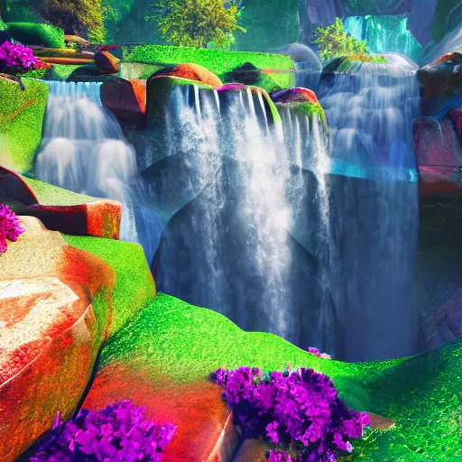 Image similar to the universe is a waterfall spilling onto the rocks of forgiveness in a million bright colors of swirling love, unreal engine, dramatic lighting, cinematic