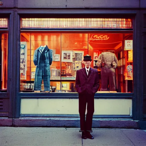 Prompt: analog medium format street photography portrait of a man in front of store window in new york, 1 9 6 0 s, portrait featured on unsplash, photographed on colour expired film