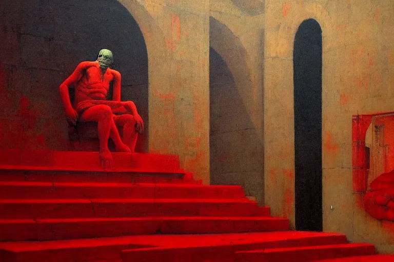 Image similar to only with red, a red melted emperor in an authoritarian position, taormina amphitheatre, crowd hails him, in the style of beksinski, parts by edward hopper, parts by rodcenko, parts by yue minjun, intricate and epic composition, red by caravaggio, insanely quality, highly detailed, masterpiece, red light, artstation, 4 k