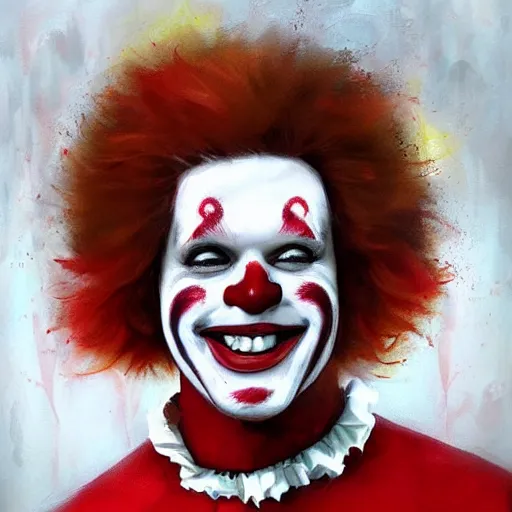 Prompt: Portrait, Ronald McDonald, white facepaint, red afro, red round nose!! laughing hysterically!!!, in the forest, by Loish