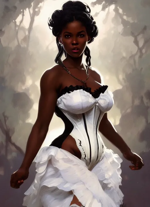 Image similar to cute black woman wearing a white corset dress, fantasy, intricate, highly detailed, digital painting, artstation, concept art, wallpaper, smooth, sharp focus, illustration, art by artgerm and greg rutkowski and alphonse mucha