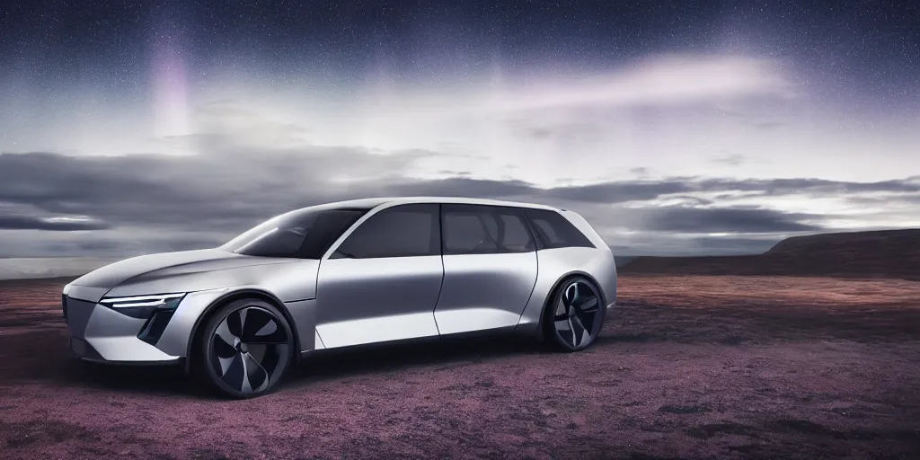 Image similar to a design of a futuristic stationwagon, designed by Polestar and DMC, northern lights background, brushed rose gold car paint, black windows, dark show room, dramatic lighting, hyper realistic render, depth of field