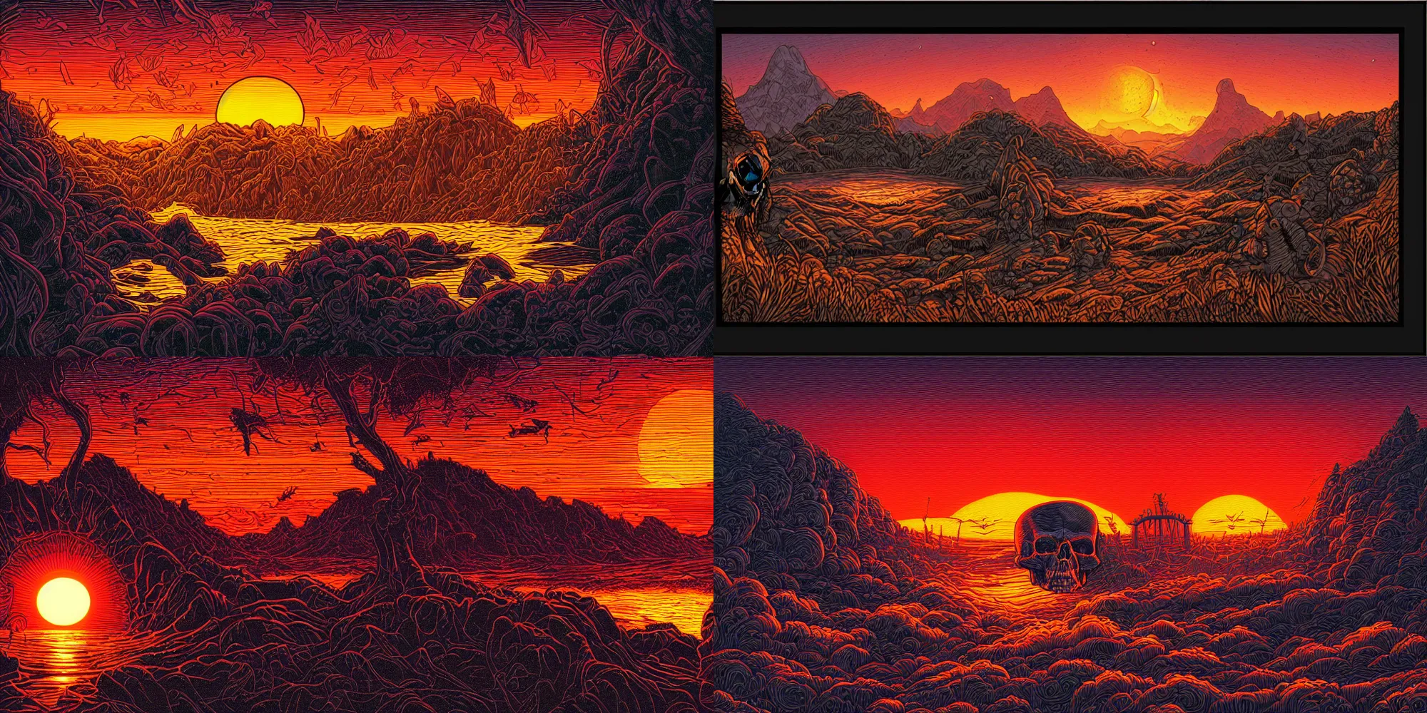 Prompt: Dan Mumford's perfect dreamscape, death skull, sunset