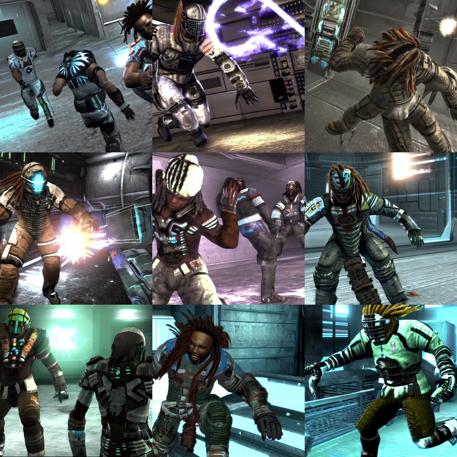 Prompt: game screenshot of woolie madden in dead space 1 with dreadlocks, stomping