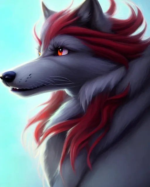 Image similar to character concept art of a dark grey anthropomorphic furry wolf with long red hair blue eyes | | cute - fine - face, pretty face, key visual, realistic shaded perfect face, fine details by stanley artgerm lau, wlop, rossdraws, james jean, andrei riabovitchev, marc simonetti, and sakimichan, artstation