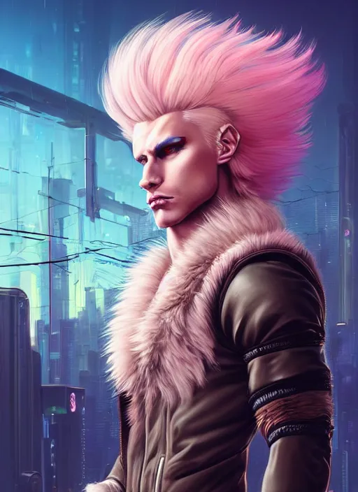 Image similar to aesthetic portrait commission of a of a male fully furry muscular anthro albino lion with a tail and a beautiful attractive hyperdetailed face wearing stylish and creative unkempt black and pink cyberpunk 2077 clothes in a sci-fi dystopian city at golden hour while it storms in the background. Character design by charlie bowater, ross tran, artgerm, and makoto shinkai, detailed, inked, western comic book art, 2021 award winning painting