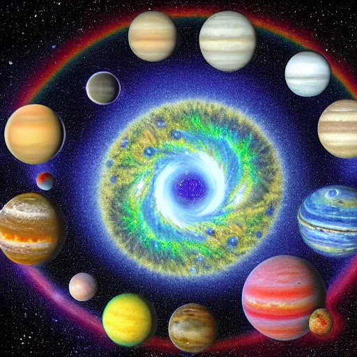 Image similar to our galaxy, it has a solar system, a picture from the side and planets. on them reptiloid and humanoids create fractal projections of their visions and matter on the outer space and holography of planets and harmony of comusmos in a rainbow around the planet where there is intelligent life and reptiloid and humanoids and plasmoids