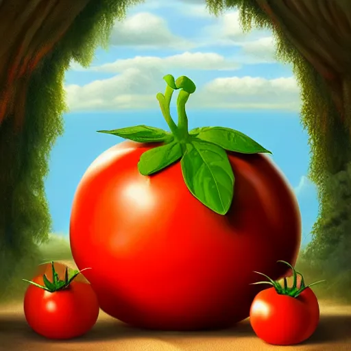 Image similar to a beautiful matte painting of bob the tomato, by steve argyle and mark arian