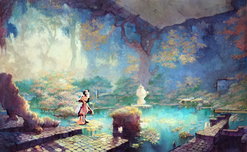 Prompt: tiled room with square pond, fantasy. intricate, amazing composition, colorful watercolor, by ruan jia, by maxfield parrish, by marc simonetti, by hikari shimoda, by robert hubert, by zhang kechun, illustration, gloomy