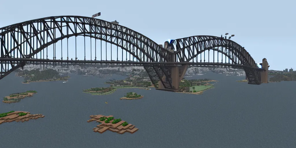 Prompt: Sydney Harbour Bridge made in Minecraft