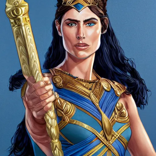 Image similar to portrait of hippolyta queen of the amazons, a tall beautiful dignified dark - haired woman with tanned skin and blue eyes, dressed in hellenistic greek armour, high detailed, detailed face, intricate, elegant, smooth, sharp focus, artstation, art by jordan nelsen,