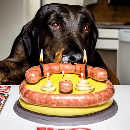 Prompt: a big dog drooling over a birthday cake made entirely of sausages